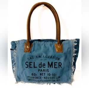 Sel de Mer Upcycled Denim Double Blue Indigo Canvas Handles Tote Bag Fringe